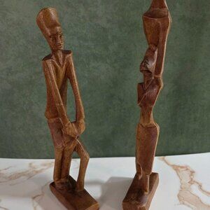 Vintage Hand Carved Wooden African  Man & Woman Statues Fine Art